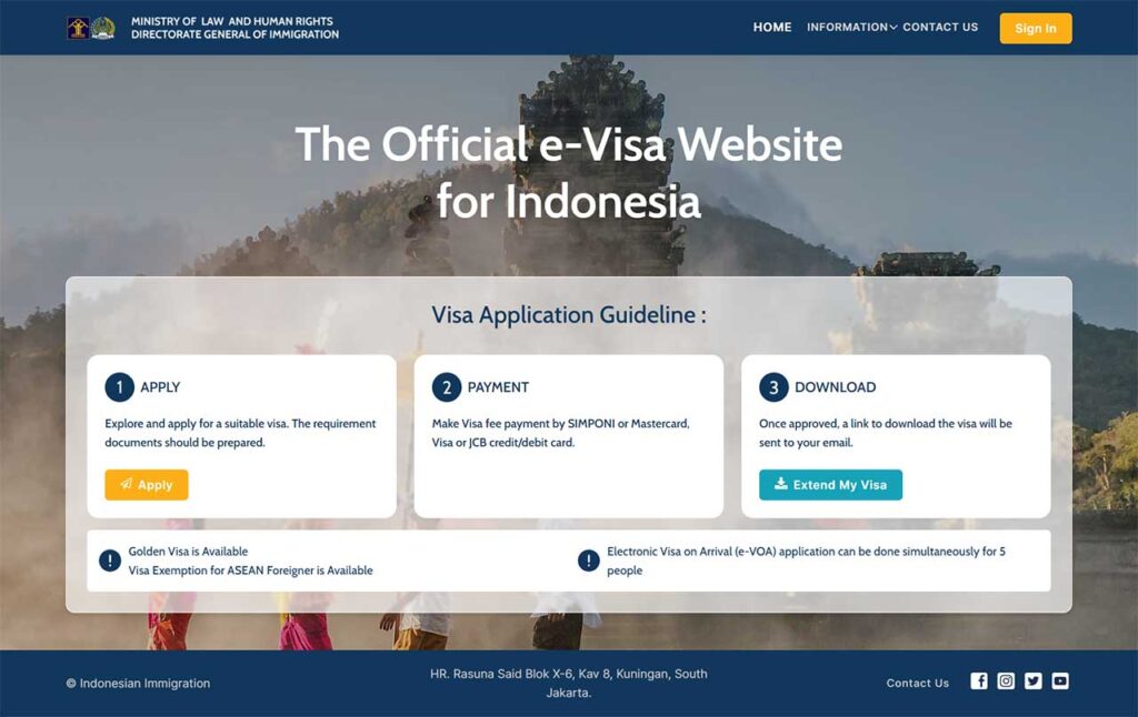 インドネシアVISA申請サイト-ホーム画面