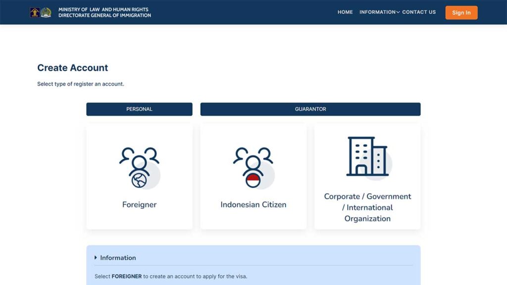 インドネシアVISA申請サイト-アカウント申請画面
