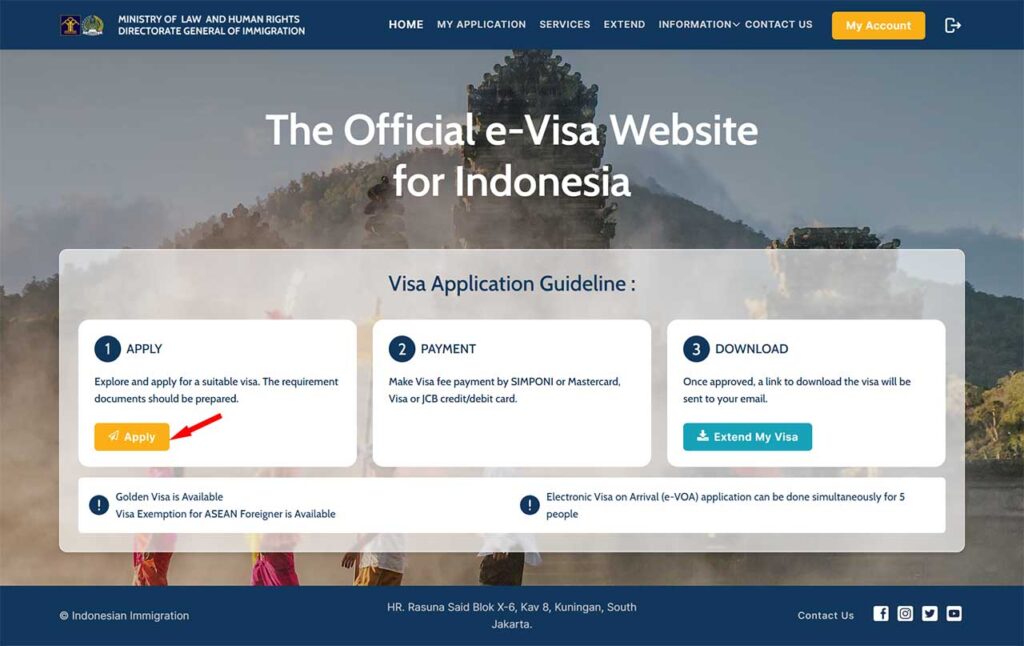 インドネシアVISA申請サイト-ホーム画面